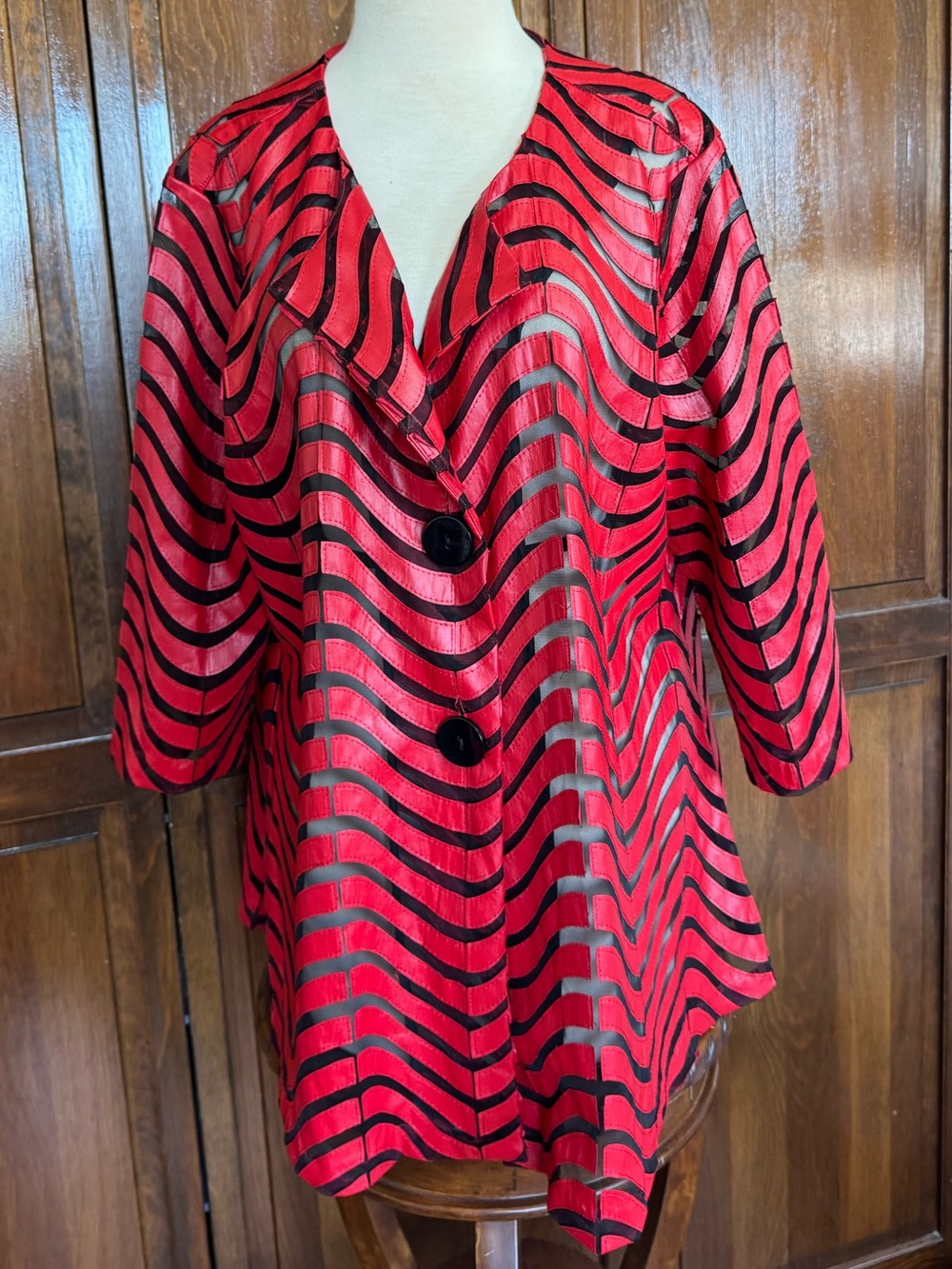 Multiples Faux Leather Mesh Stripe Jacket Red Black Petite XL Halloween Spooky